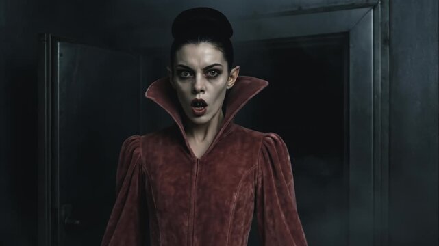 Vampire Woman Emerging from Freezer Fog Revealing Her Fangs