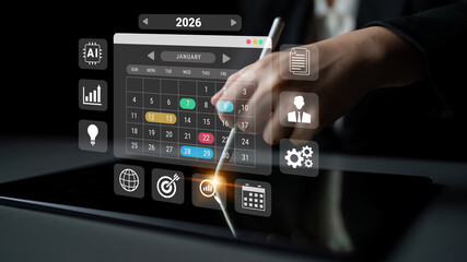2026 calendar interface surrounded by AI, data, and business icons representing scheduling, planning, and productivity management Parse