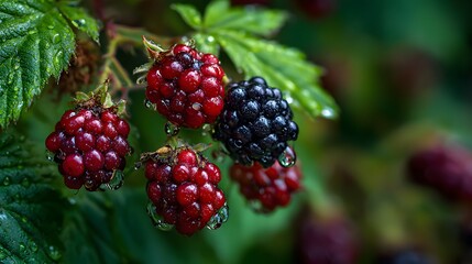 Cluster of unripe and ripe dew-covered berries hangs among lush green foliage after rain