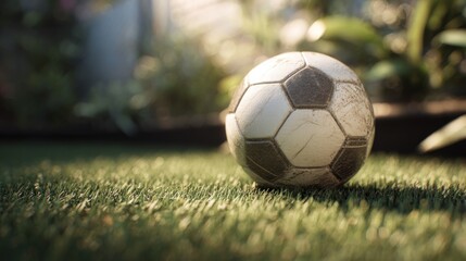Classic football ball resting on the lush green grass in the garden