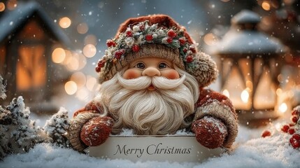 Santa claus character holding merry christmas sign in snow