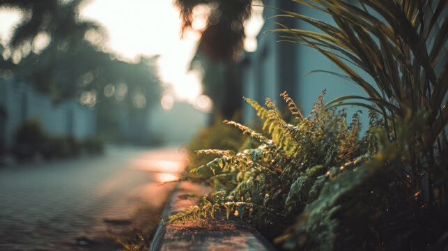 Ethereal dawn landscape featuring lush greenery alongside paved walkway