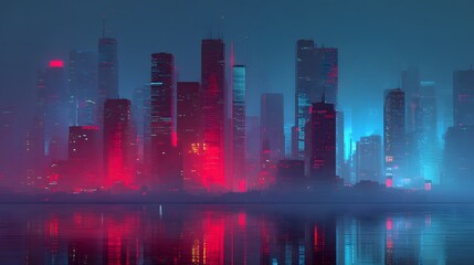 Towering metropolitan architecture glows with intense neon colors reflecting on dark water