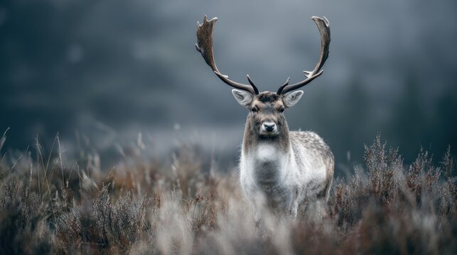 Majestic fallow deer stag standing alert in a misty meadow portrait
