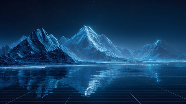 Illuminated digital landscape features shimmering mountain range reflecting upon a dark, structured water surface - Powered by Adobe