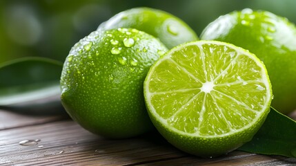 Fresh limes and slices with water drops