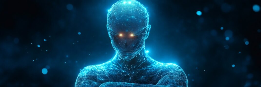 AI intelligence forming human-like digital wireframe body