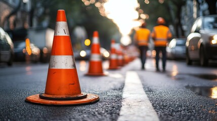 Orange road cone marking construction work area