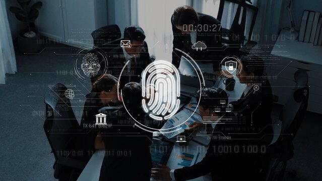 A high-tech business meeting showcases professionals collaborating around digital data and fingerprint technology, emphasizing security and innovative solutions. Raster