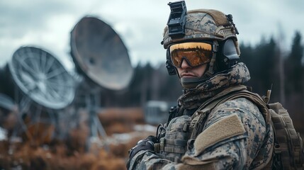Fototapeta premium Soldier communicating from military base with satellite dishes