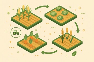 Illustrative Infographic Representing Crop Rotation Techniques in Sustainable Agriculture with Visual Elements Including Corn Carrots Cabbage and Wheat Cultivation Dynamics