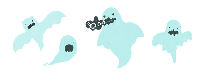 Cute crayon pencils drawing Halloween Party ghost elements. Set of watercolor cartoon blue monsters for greeting cards design, stickers, banners decor, autumn holiday flyer