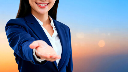 Smiling businesswoman extends her hand in a welcoming gesture against a soft blue and orange gradient background offering partnership and collaboration in a professional setting
