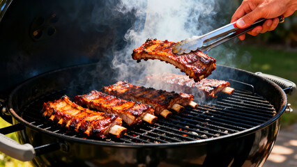 Delicious ribs being cooked on a charcoal grill with smoke rising showcasing barbecue cooking and outdoor grilling for summer cookouts and family gatherings with tasty grilled meat