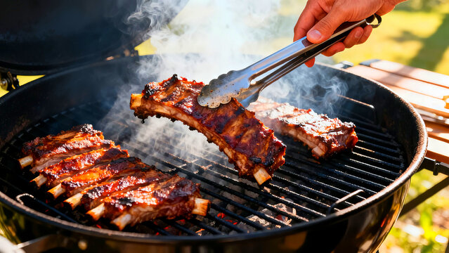 Delicious barbecue ribs are being cooked on a charcoal grill with smoke rising as a hand uses tongs to turn the meat for a perfect summer cookout experience outdoors