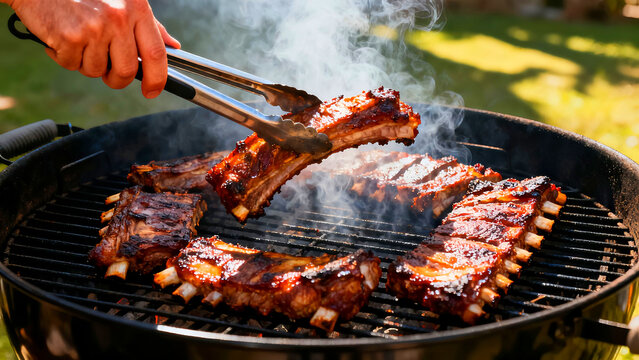 Delicious barbecue ribs being cooked on a charcoal grill with smoke rising as tongs lift a rack showing the juicy meat perfect for summer cookouts and outdoor dining experiences - Powered by Adobe