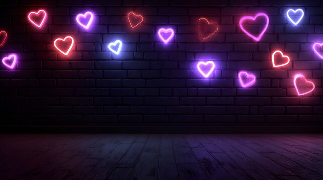 Numerous glowing heart shapes illuminate a dark brick wall backdrop above a wooden floor