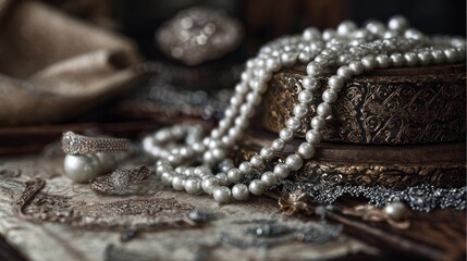 Obraz premium An exquisite collection of vintage jewelry: pearls, rings, and ornate box