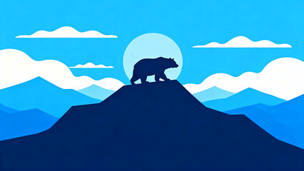 Silhouette of a bear on a mountain peak against a blue sky with clouds and sun in a minimalist style landscape art illustration for travel and nature themed designs and backgrounds