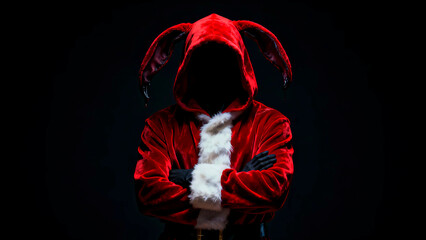 Mysterious figure in red hooded costume with long ears stands against a dark background creating a spooky and intriguing atmosphere for Halloween or fantasy themed content