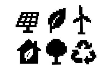 Fototapeta premium Pixel art green energy icons: solar, leaf, wind, eco home, tree, recycling