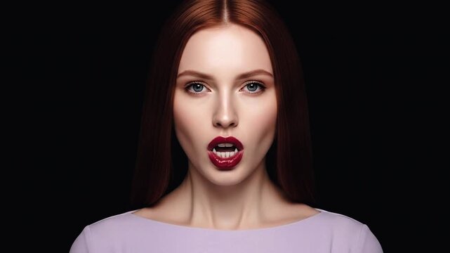 Close-Up of Red-Haired Beauty Woman Revealing Her Fangs