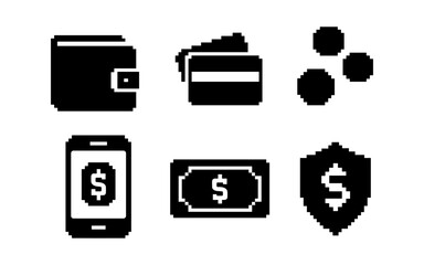 Retro pixel art icons of digital wallet, mobile payment, and currency symbols