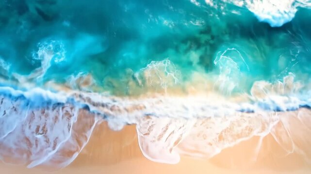 Aerial View of Turquoise Ocean Waves Crashing on Sandy Beach in a Tropical Paradise Setting
