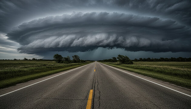 Impending danger and uncertainty on the road ahead with a massive supercell storm cloud looming over a rural highway.