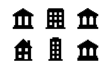 Obraz premium Pixel art buildings set: houses and offices in retro style