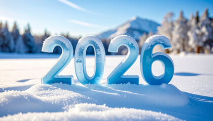 2026 year number in blue ice with snow on top standing on fresh snow with mountain and forest background under clear blue sky on sunny winter day