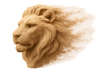 Lion head sand sculpture dissolving, showing power, strength, and vanishing memories, transparent background