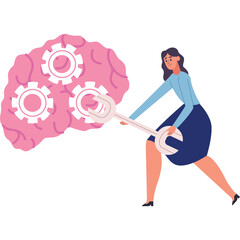 Woman Fixing Brain With Gears With Large Wrench In A Conceptual Image Representing Mental Health And Cognitive Function In A Clean Isolated Style