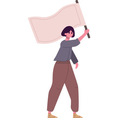 Woman Holding Blank White Flag With Dark Blue Shirt And Brown Pants And Yellow Shoes On Transparent Background