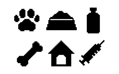 Pixel art dog icons: paw, bone, house, and more pet essentials