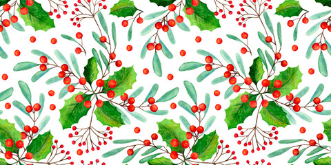 Christmas watercolor mistletoe and holly berry seamless pattern. Winter holiday watercolour tree branches, leaves and berries print for New Year greeting cards and banner, textile, wrapping paper