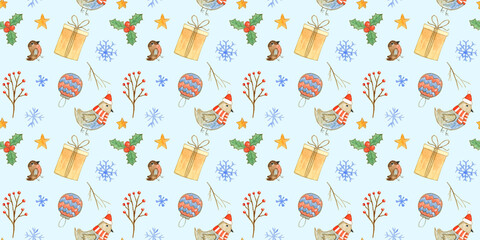 Cute blue watercolor Christmas seamless pattern with cute elements. Winter texture with branches, giftbox, birds, holly and snowflakes for New Year textile, wrapping paper, wallpaper, print