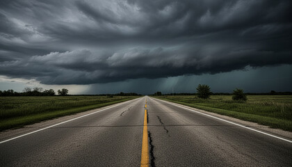 Confronting adversity and the unknown on a long rural highway leading towards an intense and dramatic thunderstorm.
