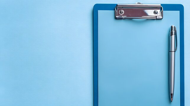 Blank clipboard with a metallic writing instrument positioned vertically on the right side.