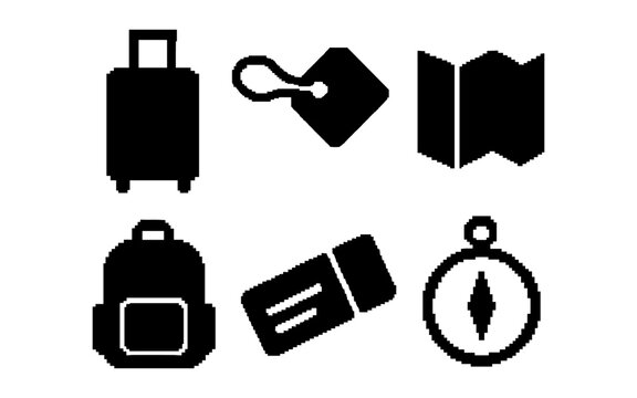 Travel essentials silhouette icons set: luggage, tags, and navigation tools