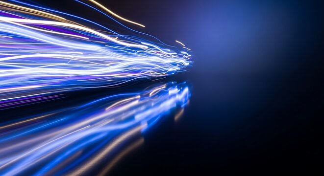 Dynamic light trails depicting high speed data transfer on a reflective surface visual effects and motion blur