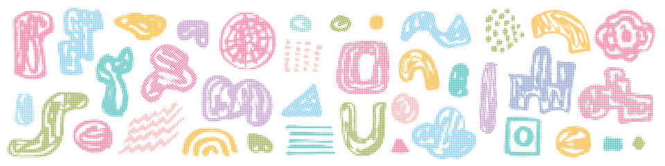 Bright abstract set of halftone dots pattern textured round and squiggle shapes and figures. Vector pink, green, blue, violet elements with grunge circle texture for graphic design