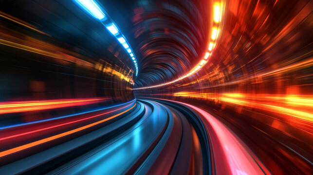 Futuristic cybernetic tunnel with warp-speed motion, blending light and shadow in a dual-reality abstract digital scene creating a dynamic sci-fi aesthetic perfect for technology and concept visuals
