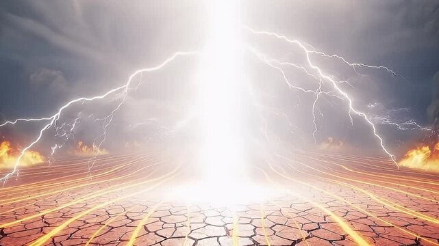 A dramatic and powerful scene unfolds with a massive, dark vortex swirling ominously in a stormy, gray sky. Below, the ground is a desolate, cracked expanse, crisscrossed by bright, glowing orange ene