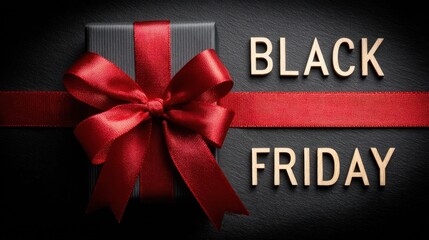 Black friday with gift box with red ribbon and bow on dark background, shopping concept