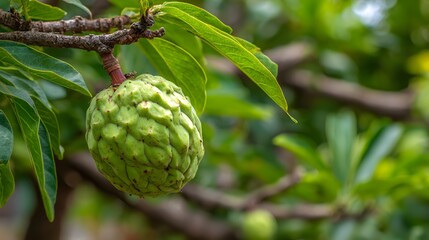 Immature tropical custard  fruit hangs from a leafy branch in bright daylight