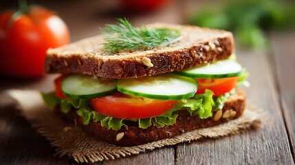Whole grain bread sandwich layered with fresh vegetables rests on burlap