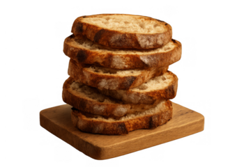 Sourdough bread slices forming a stack on a wooden cutting board, fresh baked rustic artisan food