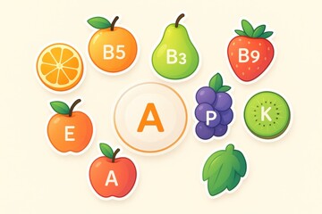 Obraz premium Colorful fruit stickers representing essential vitamins and nutrients A B3 B5 B9 E and K with vibrant illustrations creating an engaging educational resource for nutrition awareness