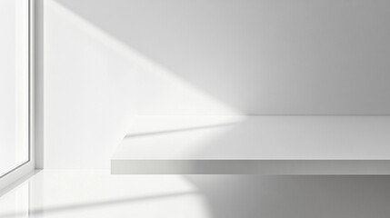 Minimal white desk with soft corner shadow creating a clean and modern workspace aesthetic, ideal for interior design, office setup, product mockups, and creative lifestyle visuals